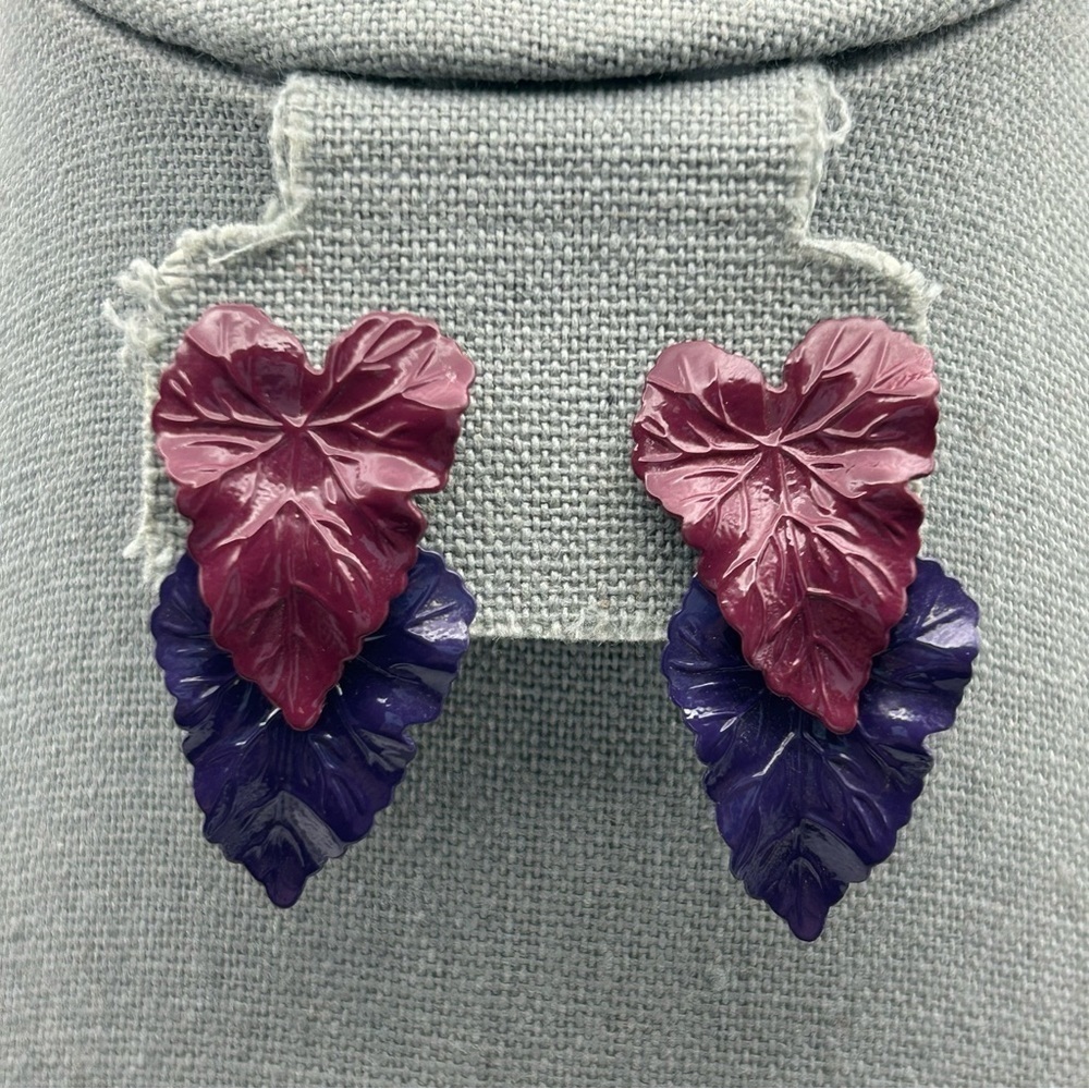 Vintage Lightweight Magenta and Purple Two Layered Textured Leaf Stud Earrings